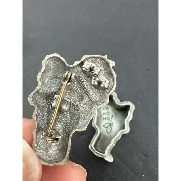 Vintage Brooch Earrings Pewter Pin 1.5" Christmas Santa With Earring Box Ms Dee - Picture 5 of 15